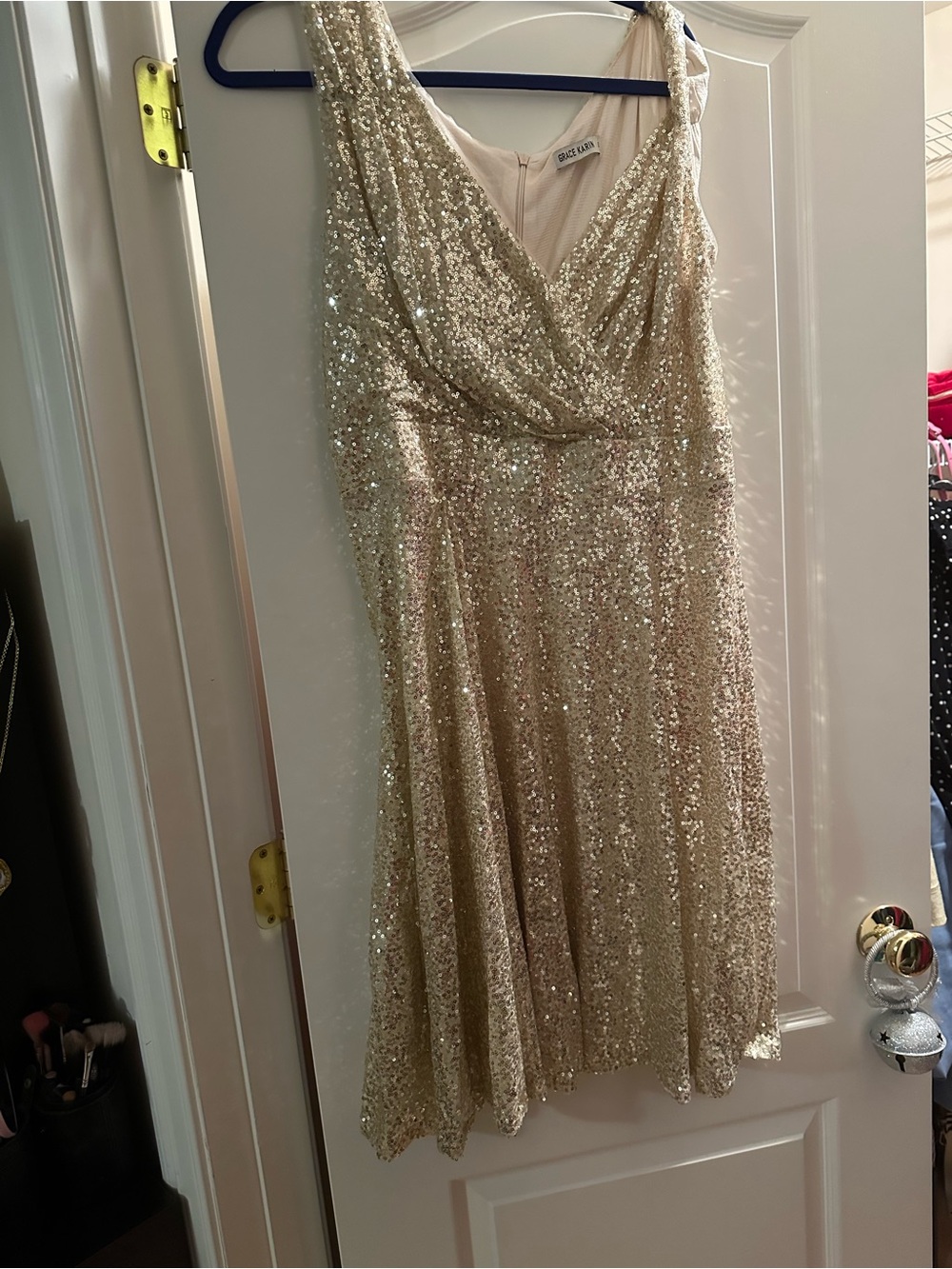 Grace Karin Gold Sequin V-Neck A-Line Prom Dress